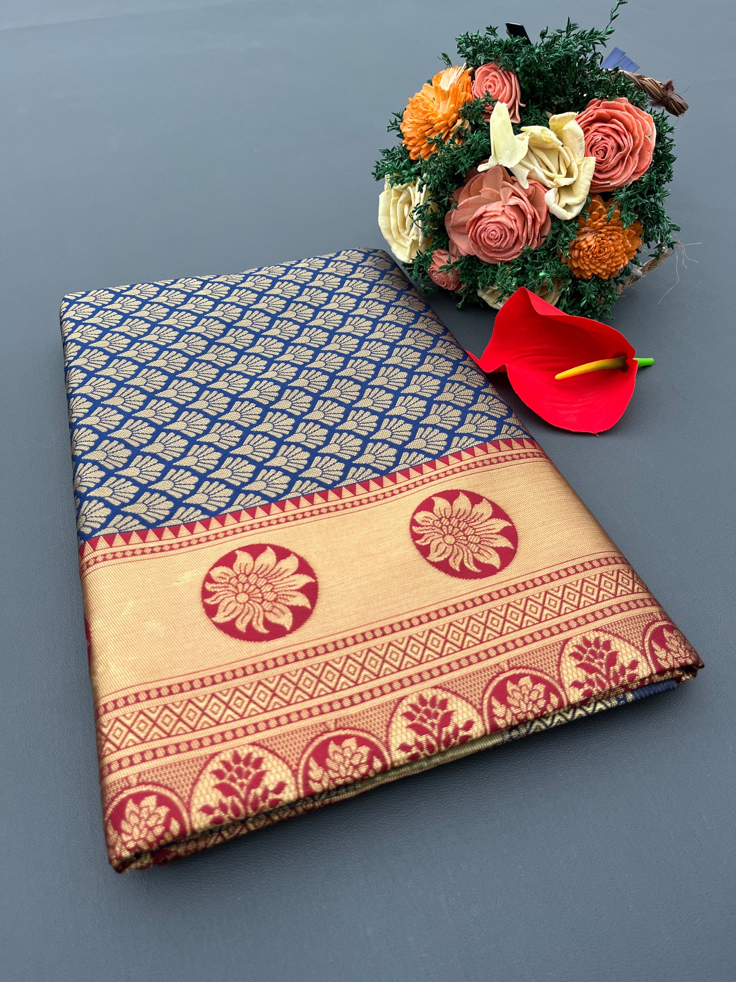 blue golden saree royal look with a touch of glam