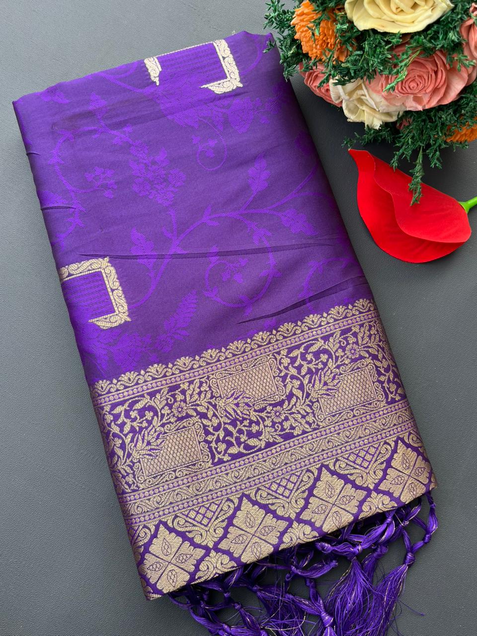 purple banarasi silk saree