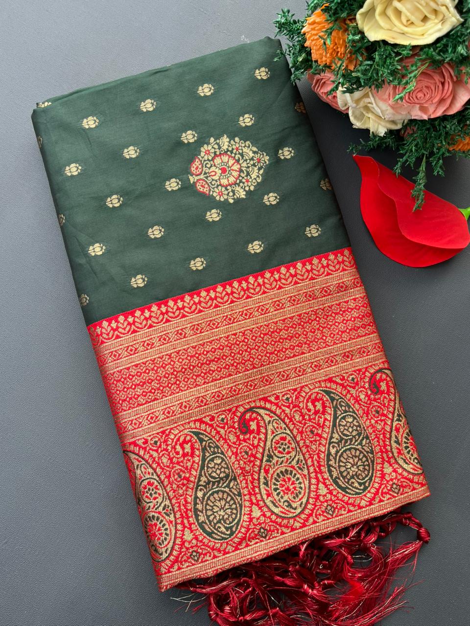 green & red banarasi silk saree