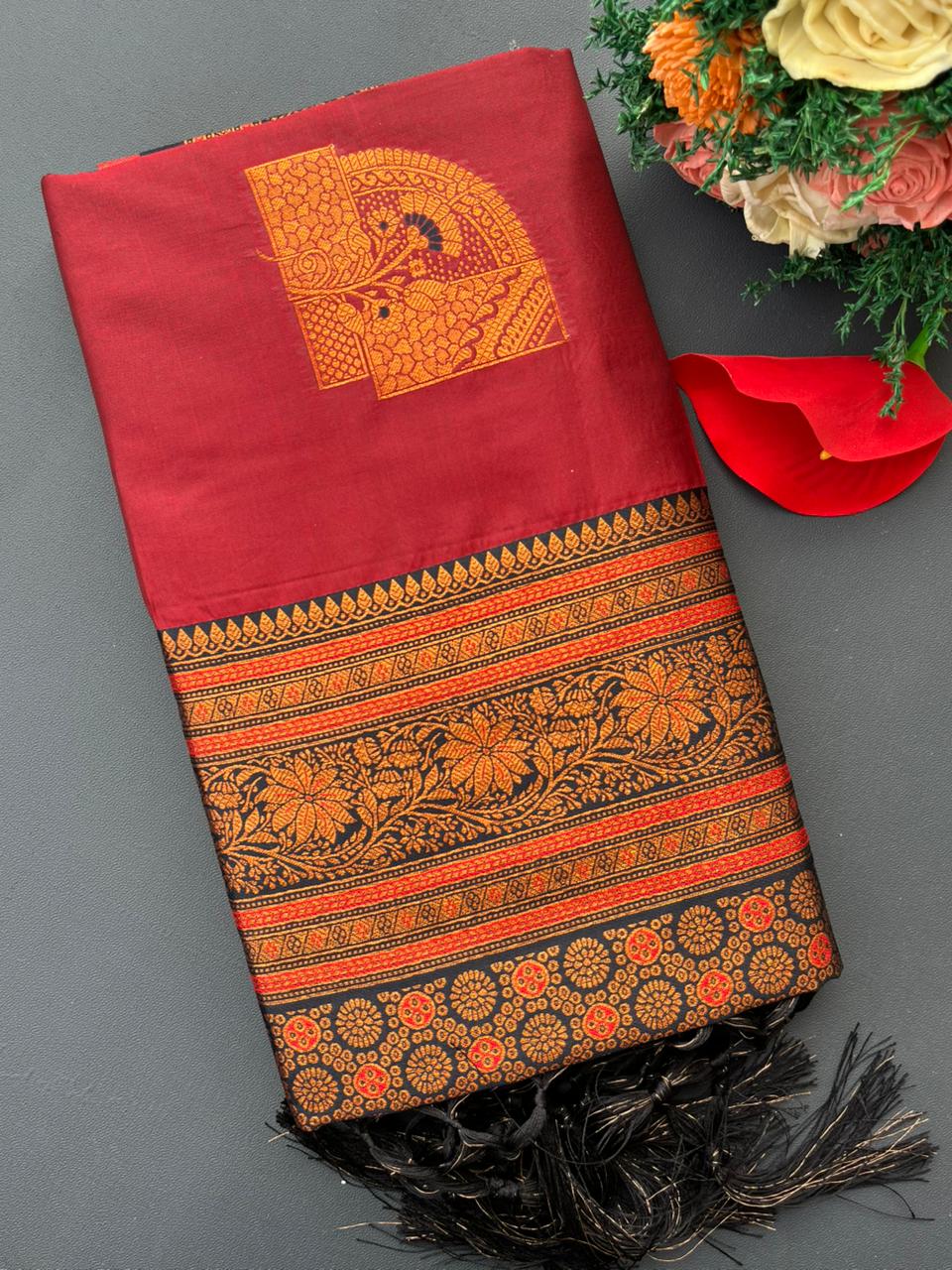 red & black banarasi silk saree