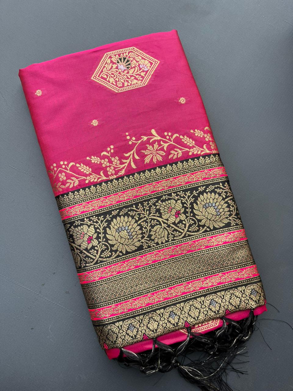 black & pink soft silk banarasi saree
