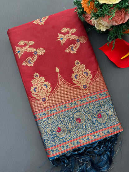 RED & SKY SOFT SILK BANARASI SAREE