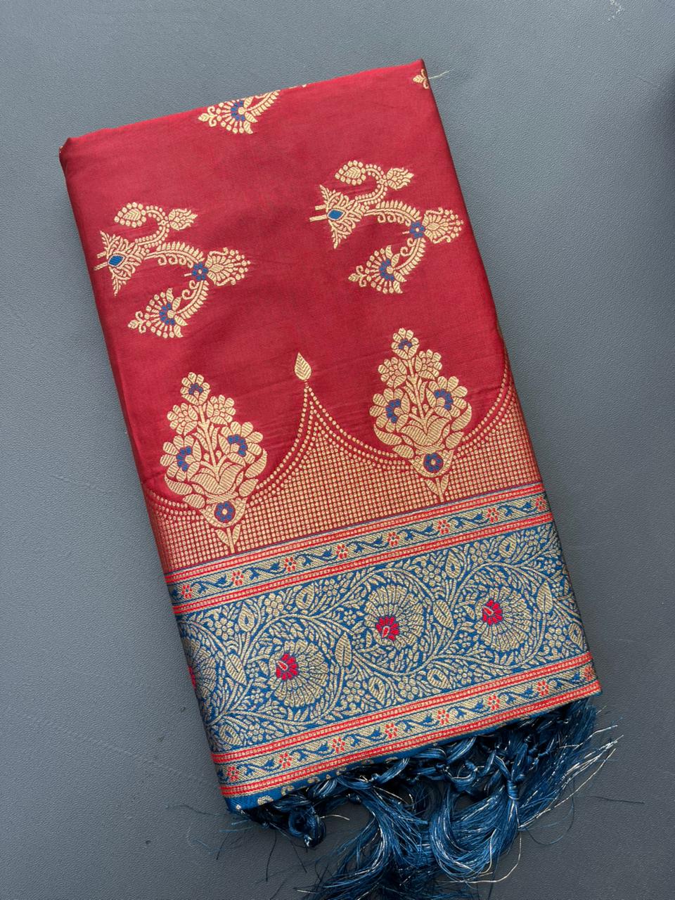 red & sky soft silk banarasi saree