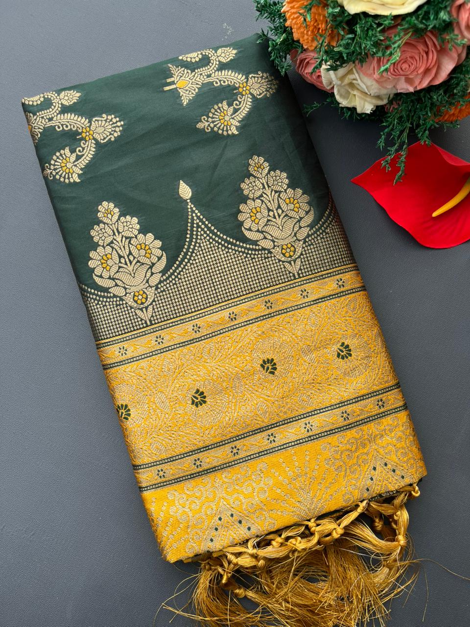 green & yellow soft silk banarasi saree