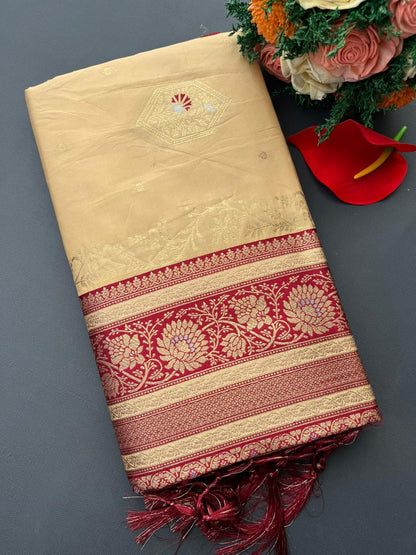 CHIKKU & RED BANARASI SILK SAREE