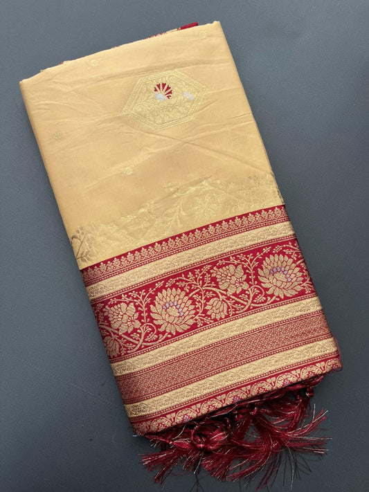 CHIKKU & RED BANARASI SILK SAREE