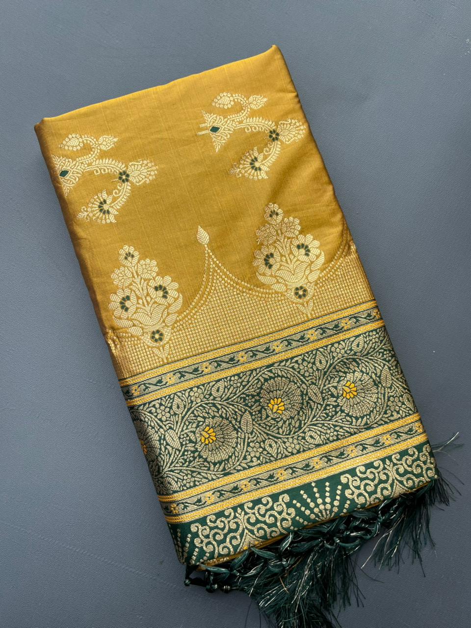 methi yellow banarasi silk saree