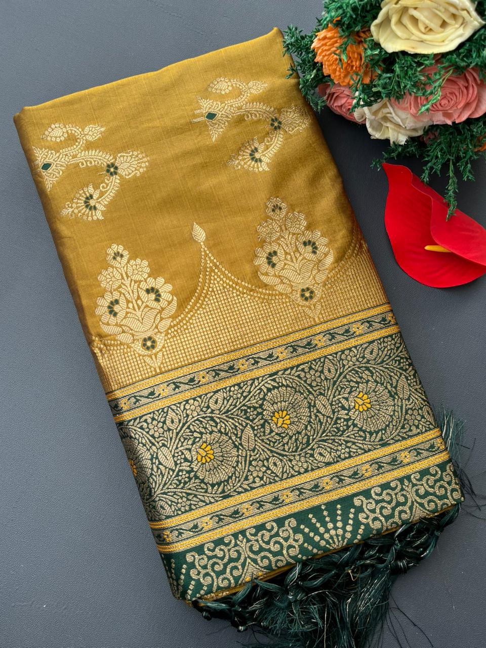 yellow & green banarasi silk saree