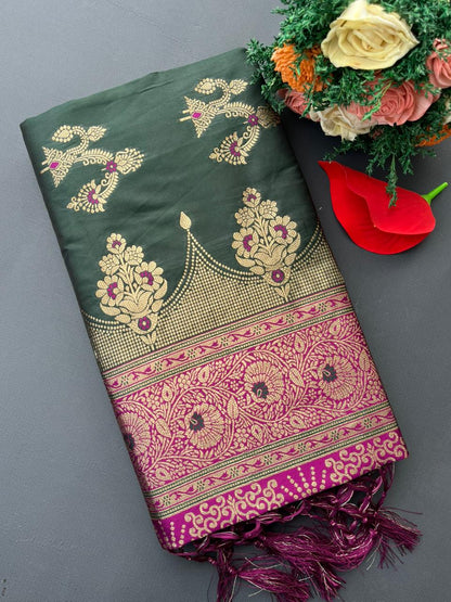 GREEN & PINK SOFT SILK BANARASI SAREE