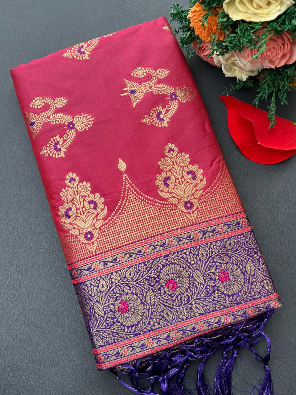 pink & blue soft silk banarasi saree