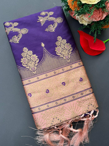 PURPLE & CHIKKU SOFT SILK BANARASI SAREE