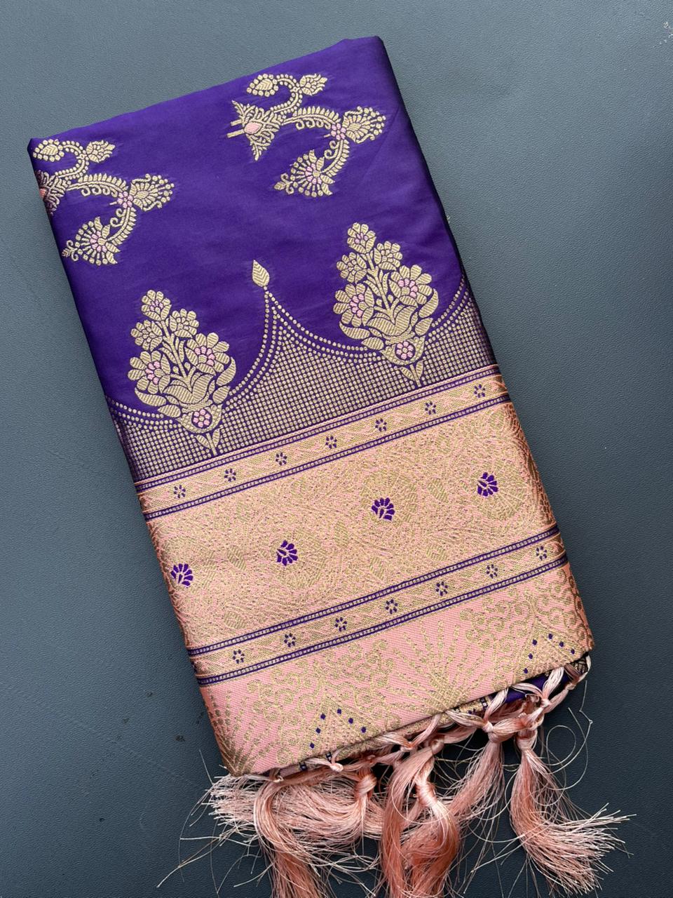 purple & chikku soft silk banarasi saree