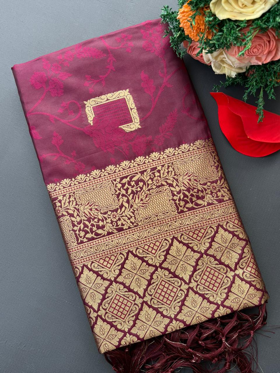 pink & golden banarasi silk saree