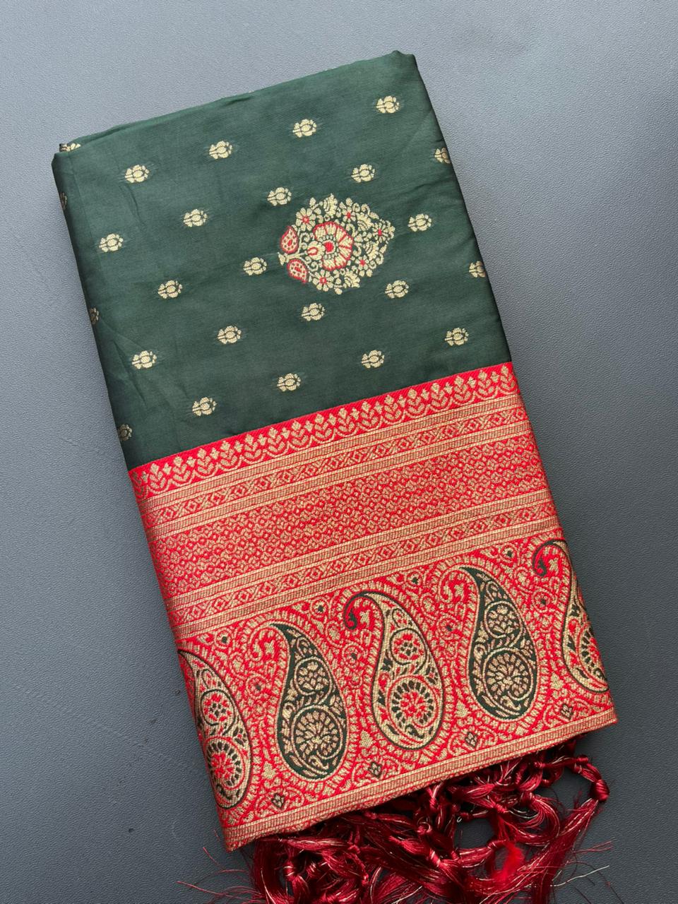 green & red banarasi silk saree
