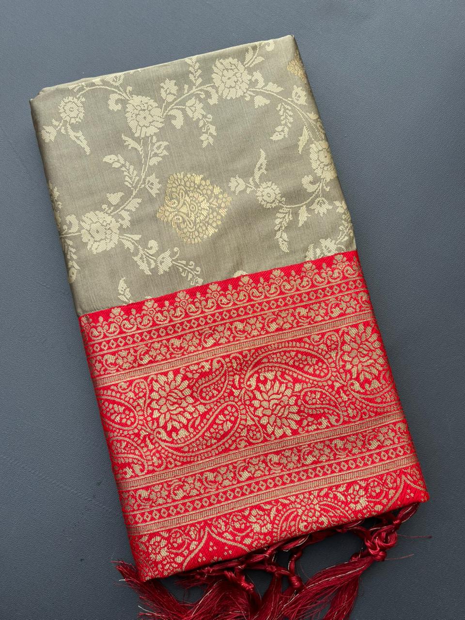 chiku & red soft silk banarasi saree