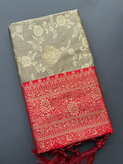 CHIKU & RED SOFT SILK BANARASI SAREE