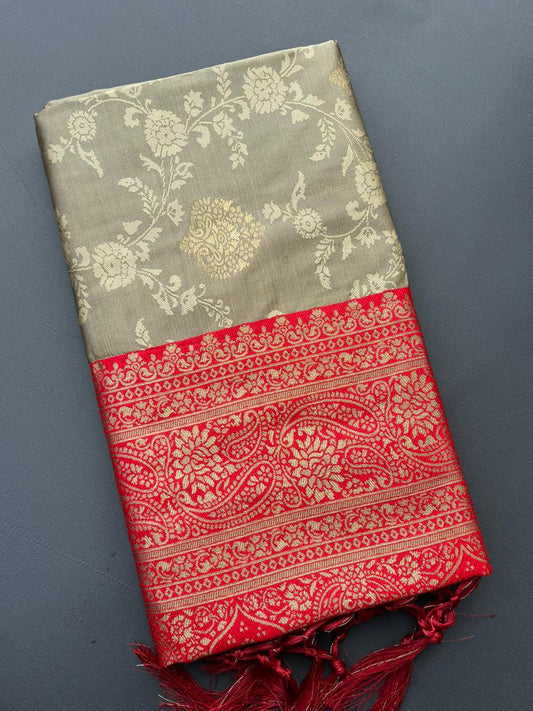 CHIKU & RED SOFT SILK BANARASI SAREE