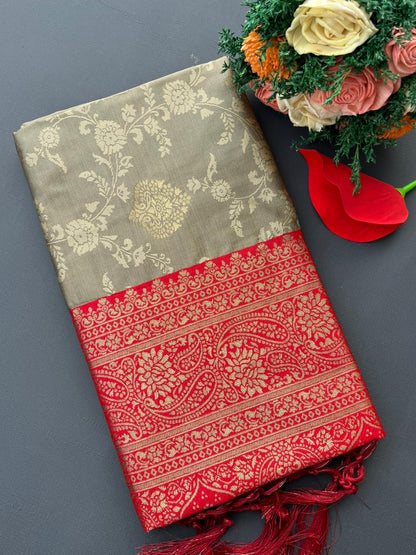 CHIKU & RED SOFT SILK BANARASI SAREE