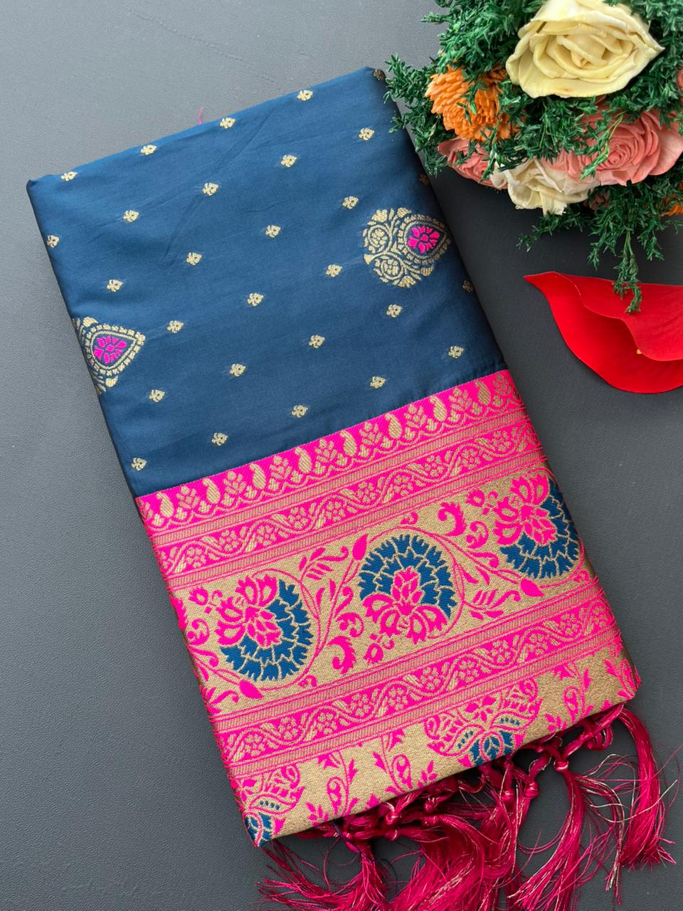blue & pink soft silk banarasi saree