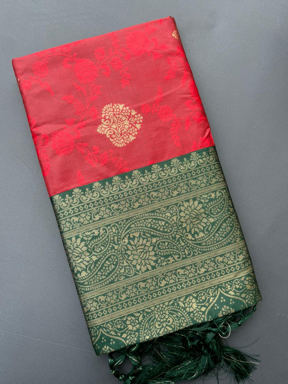 red & green banarasi silk saree