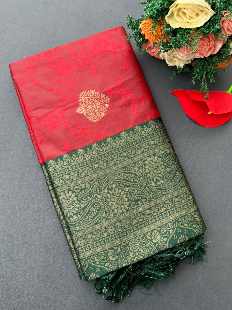 red & green banarasi silk saree