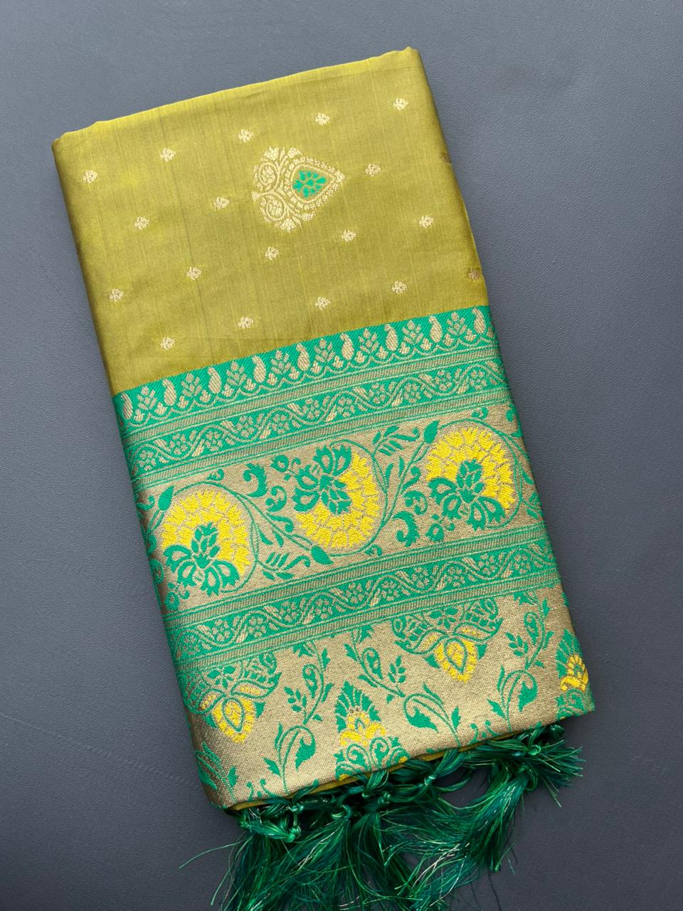 methi yellow banarasi silk saree