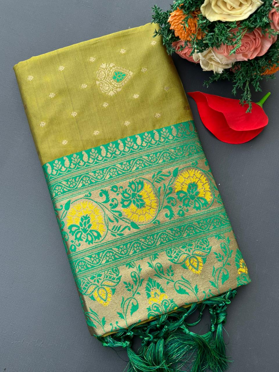 methi yellow banarasi silk saree