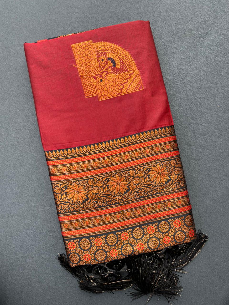 red & black banarasi silk saree