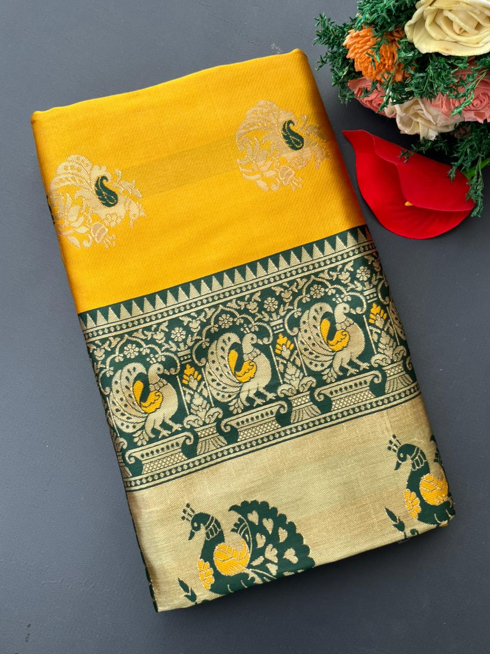 yellow & green  paithani silk saree