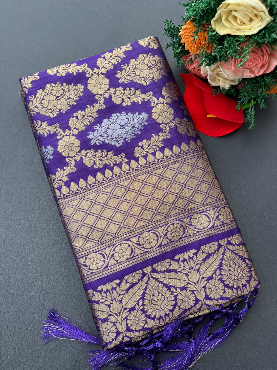 purple banarasi silk saree