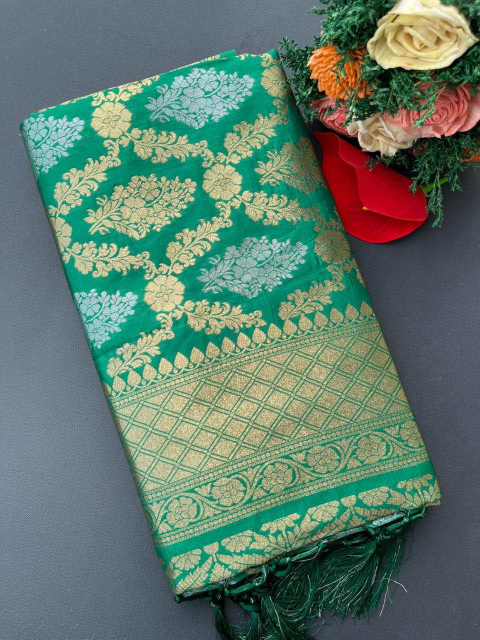 green banarasi silk saree
