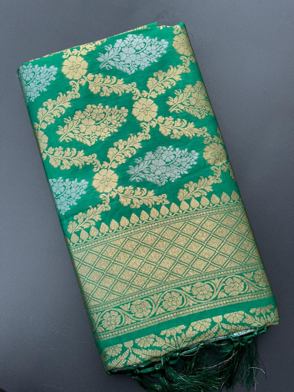 green banarasi silk saree