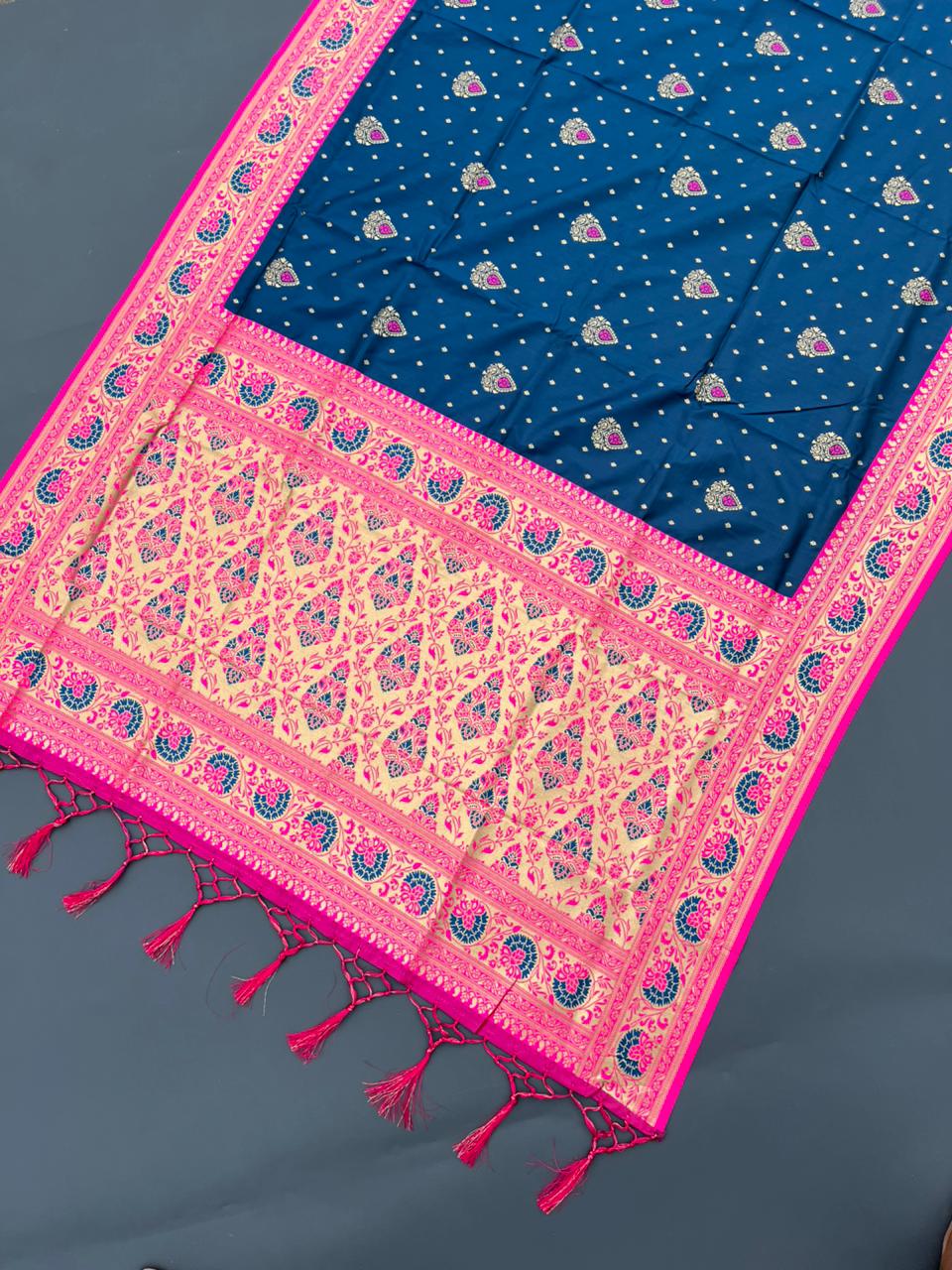 blue & pink soft silk banarasi saree