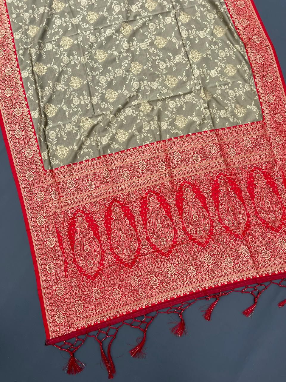 chiku & red soft silk banarasi saree