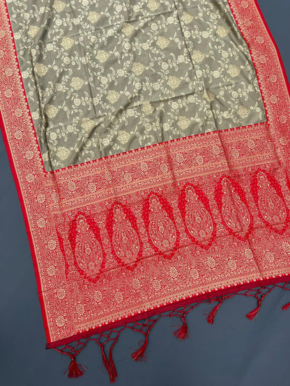 CHIKU & RED SOFT SILK BANARASI SAREE