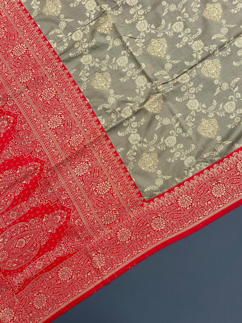 chiku & red soft silk banarasi saree