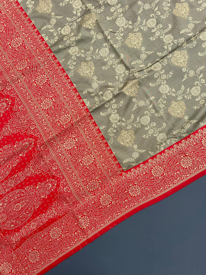 CHIKU & RED SOFT SILK BANARASI SAREE