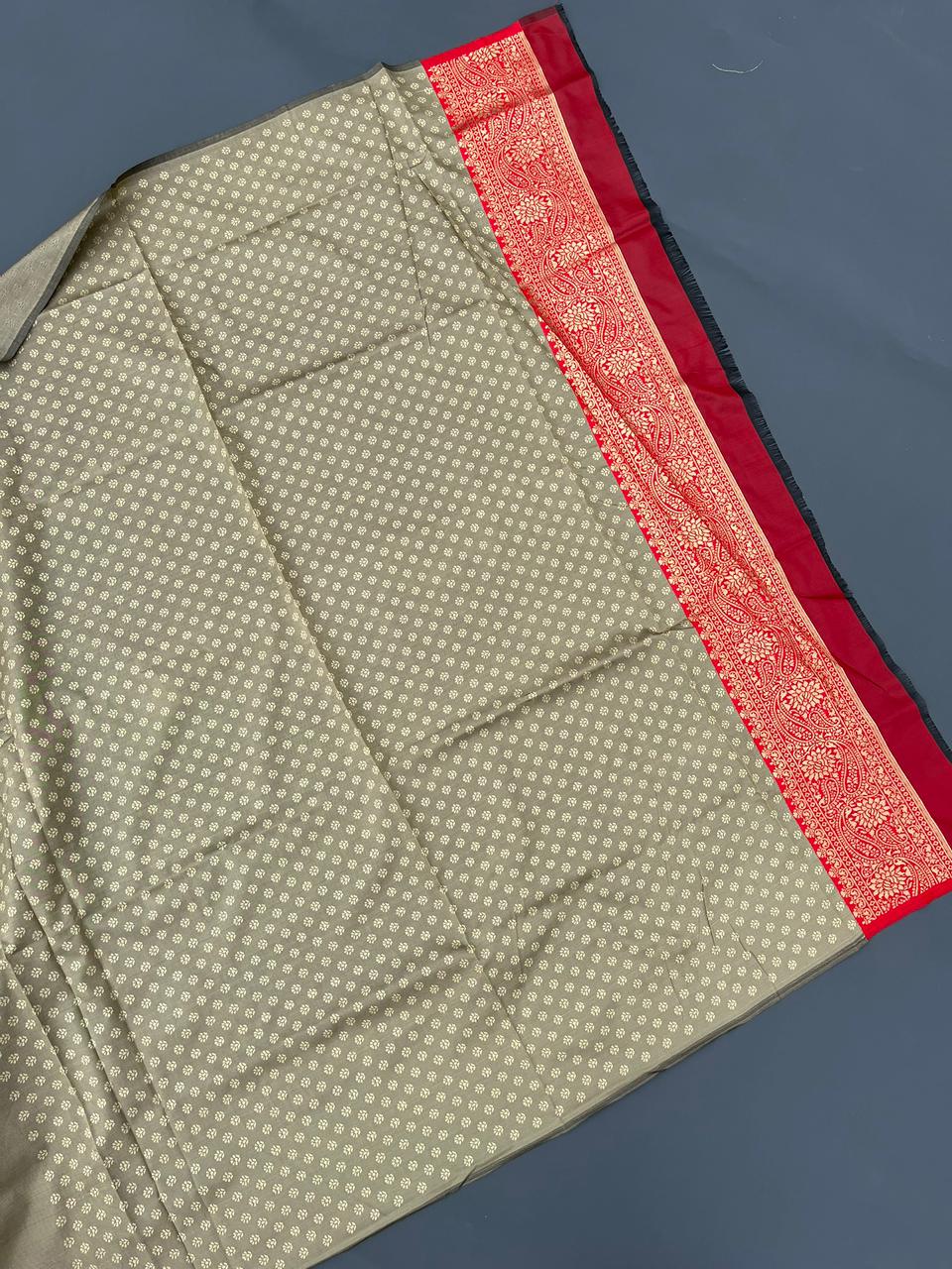 chiku & red soft silk banarasi saree
