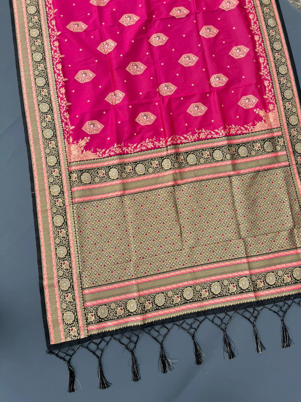 black & pink soft silk banarasi saree