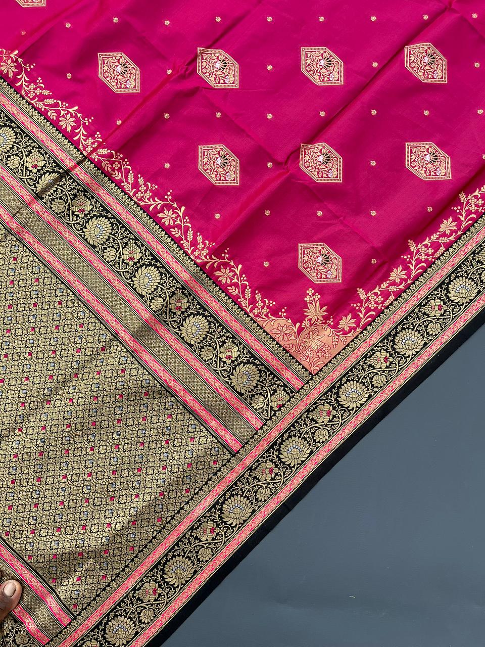 black & pink soft silk banarasi saree