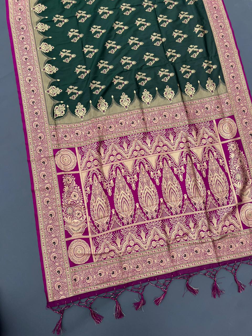 green & pink soft silk banarasi saree