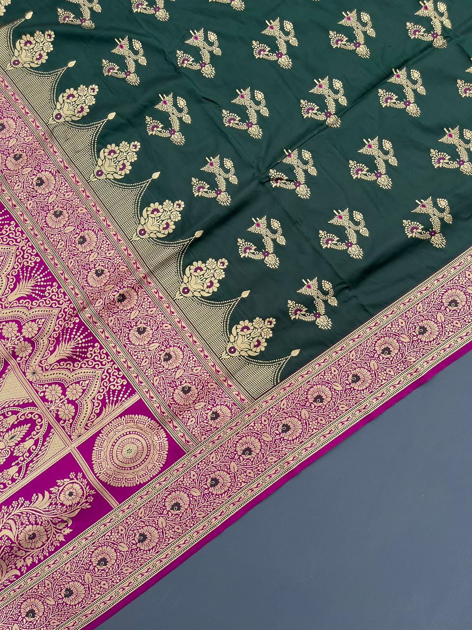 green & pink soft silk banarasi saree