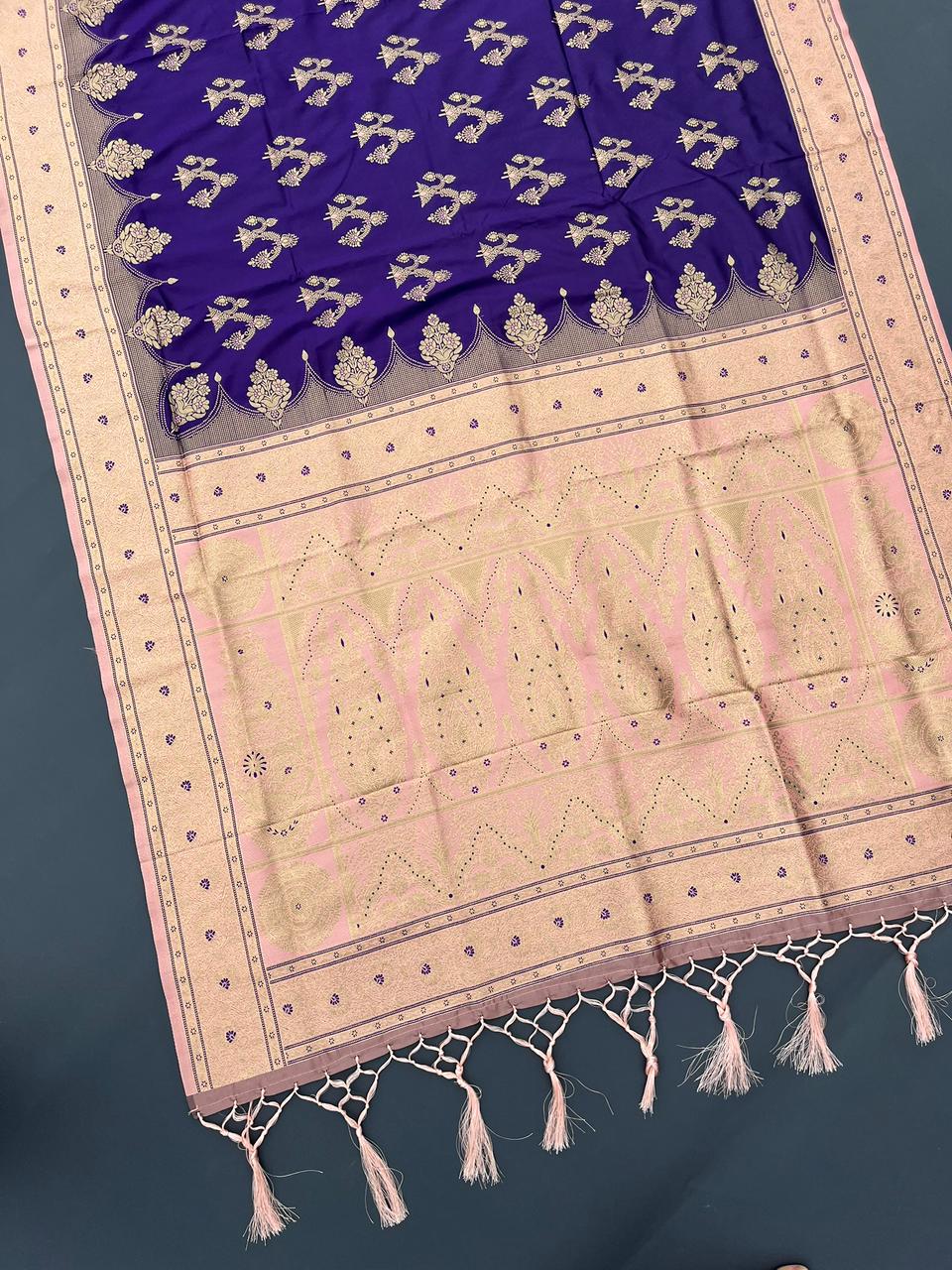 purple & chikku soft silk banarasi saree