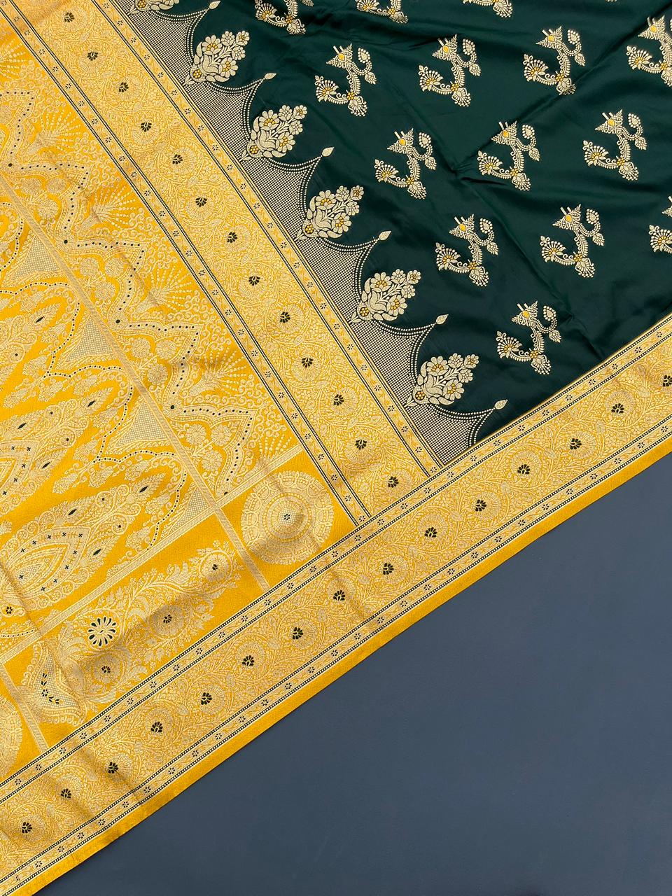 green & yellow soft silk banarasi saree