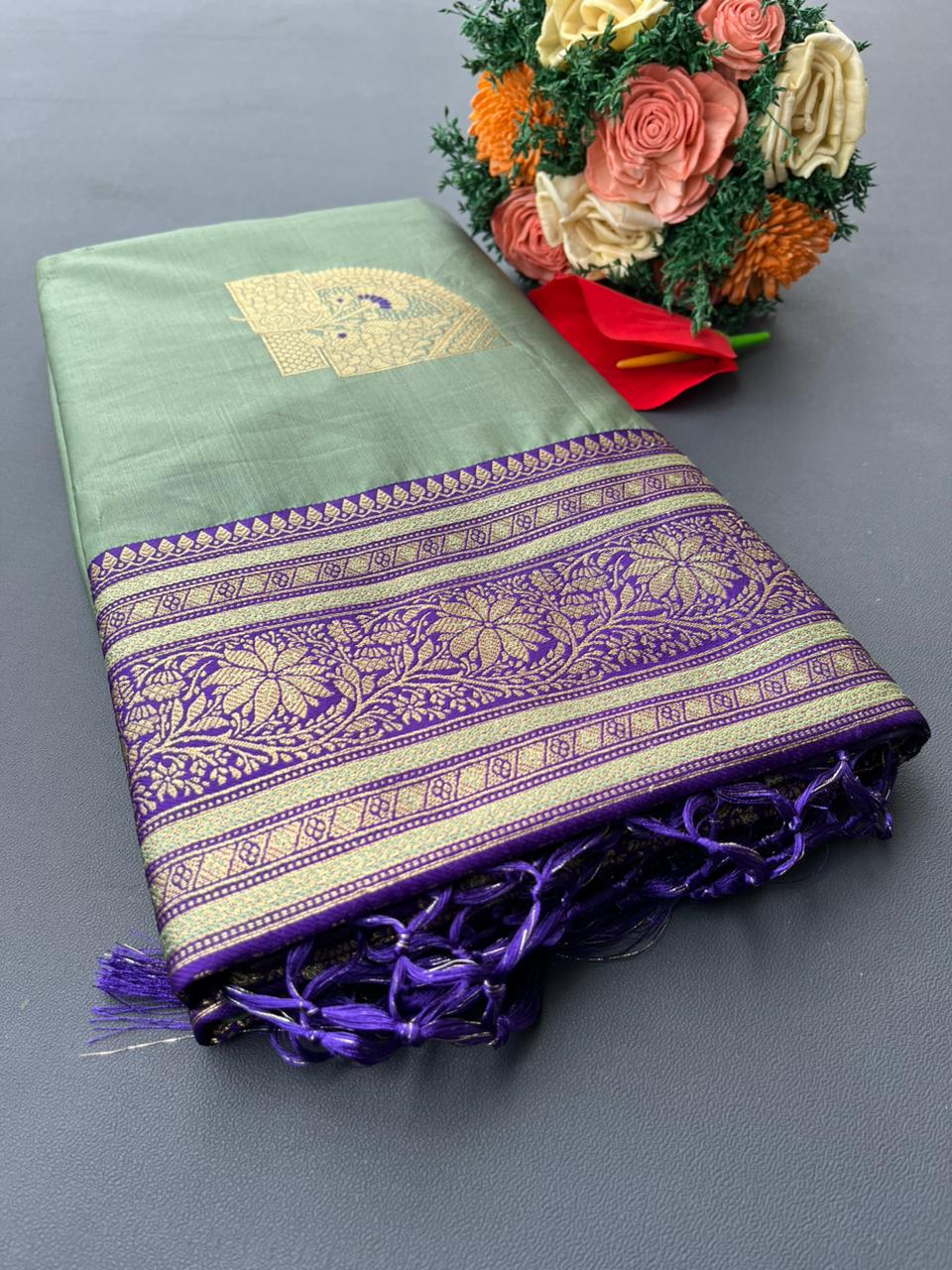 green & blue banarasi silk saree