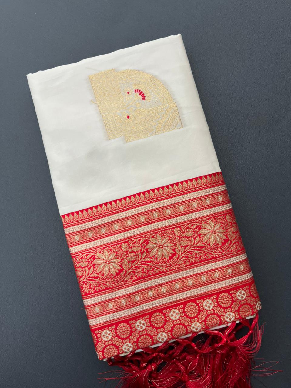 white & red soft banarasi silk saree