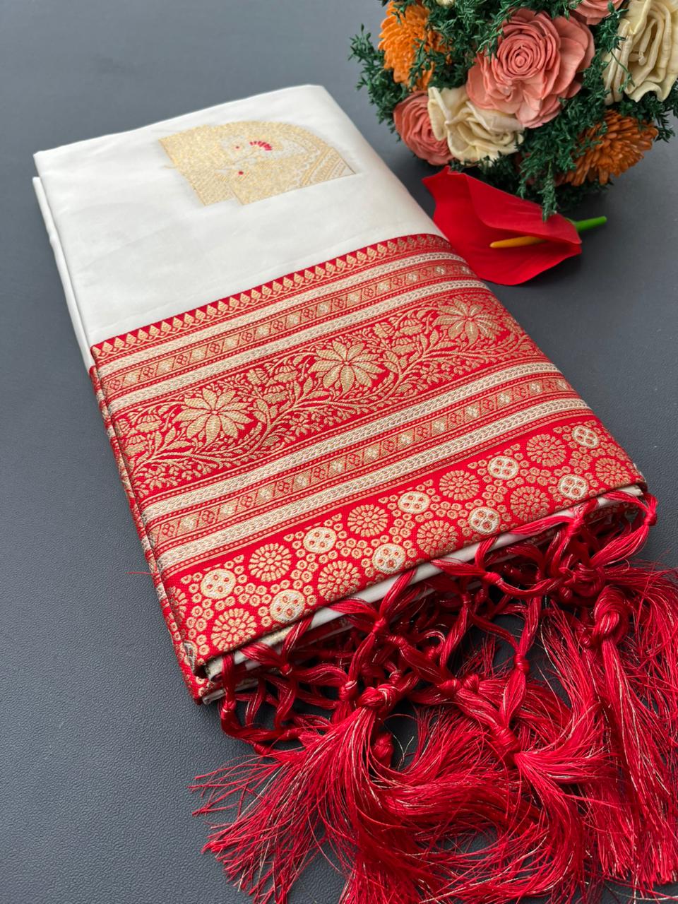 white & red soft banarasi silk saree