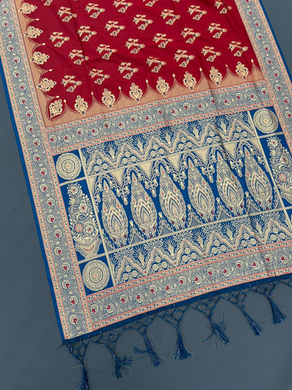 RED & SKY SOFT SILK BANARASI SAREE