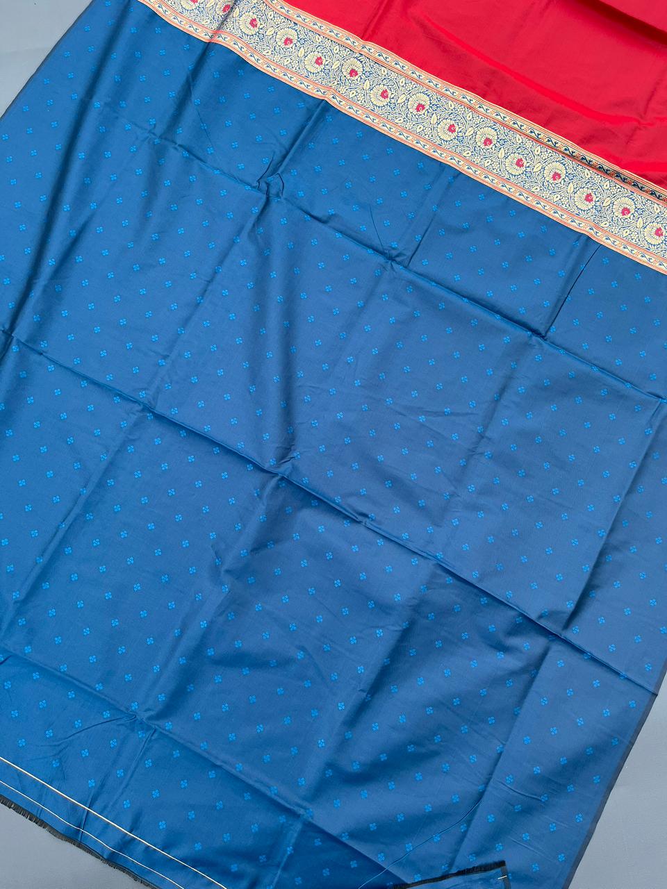 red & sky soft silk banarasi saree