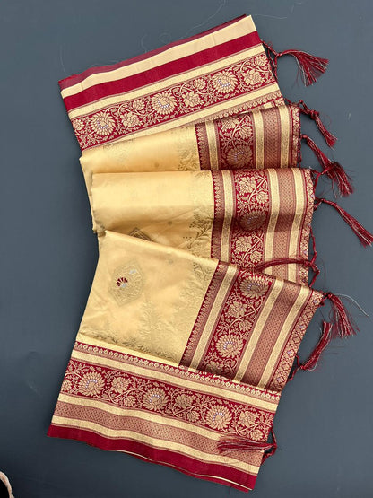 CHIKKU & RED BANARASI SILK SAREE